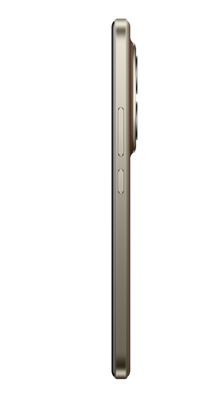 Widok z boku smartfona. Jest w kolorze złotym, z przyciskami z boku i modułem aparatu. Tło jest czarne.