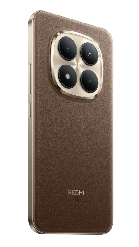 Brązowy smartfon z czterema aparatami z tyłu. Telefon ma złotą ramkę i logo Redmi.