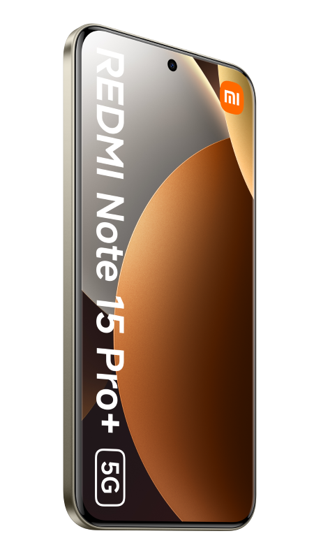 Smartfon z napisem Redmi Note 15 Pro+ 5G na ekranie. Złota ramka i czarne tło.