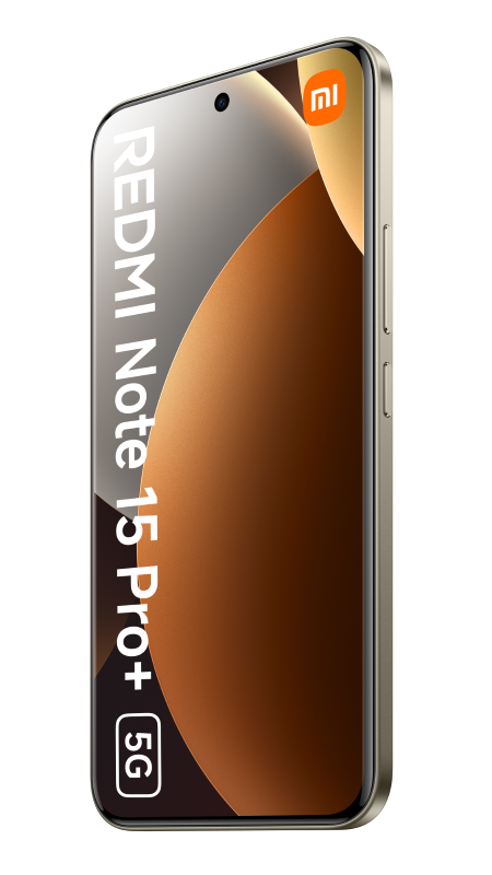 Smartfon Redmi Note 15 Pro+ 5G. Posiada gradientowy ekran w kolorze złoto-brązowym. Logo Xiaomi znajduje się w prawym górnym rogu.