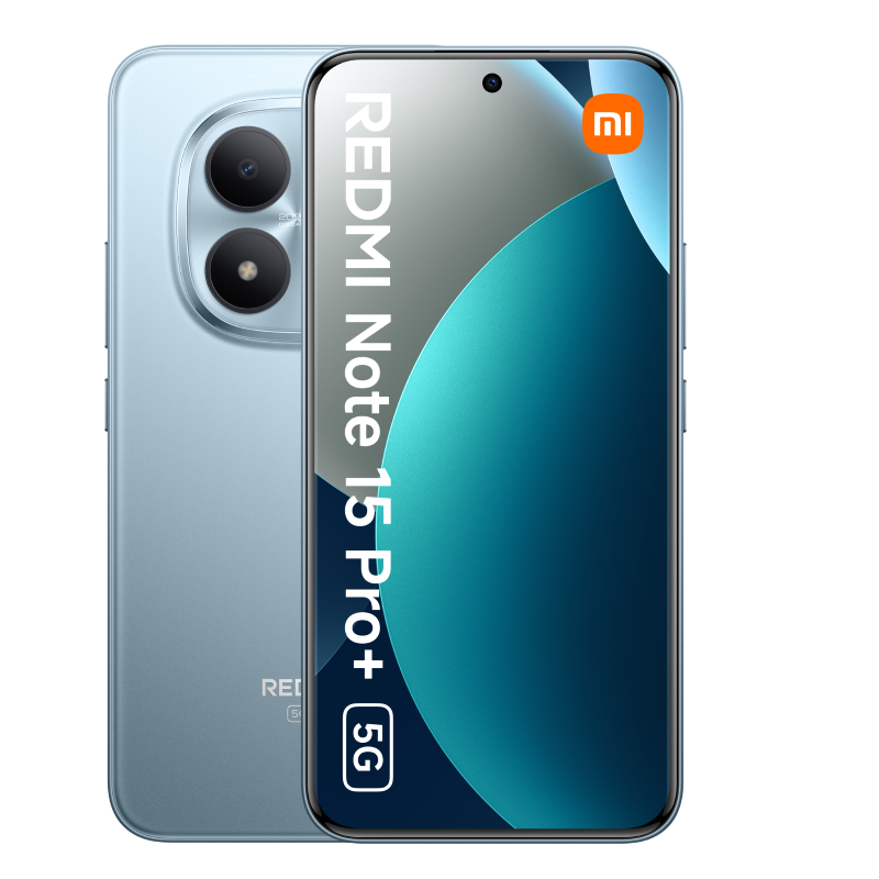 Smartfon Redmi Note 15 Pro+ 5G w kolorze jasnoniebieskim. Ekran wyświetla niebiesko-szary design z logo Mi. Telefon ma trzy aparaty.