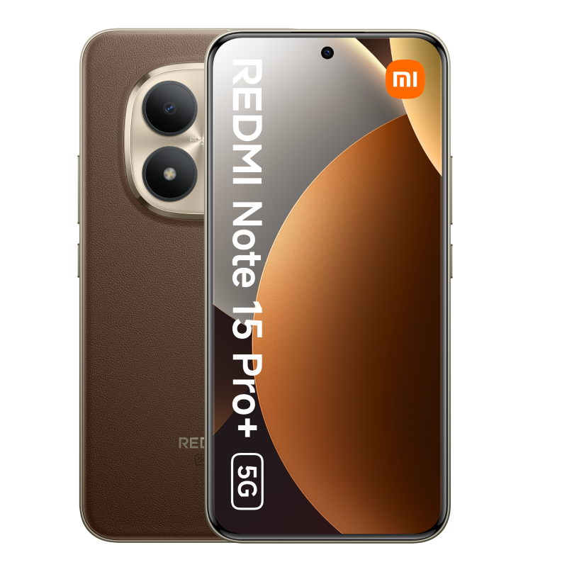 Brązowy telefon ze skórzanym tyłem i złotym modułem kamery jest wyświetlany. Ekran pokazuje logo Redmi Note 15 Pro+ 5G i logo Xiaomi.