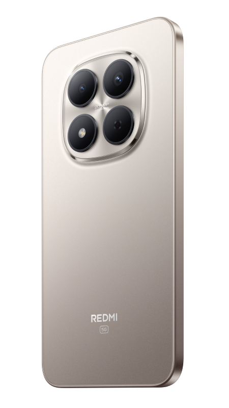 Złoty tył smartfona. Cztery obiektywy w okręgu. Logo Redmi 5G na dole. Czarne tło.