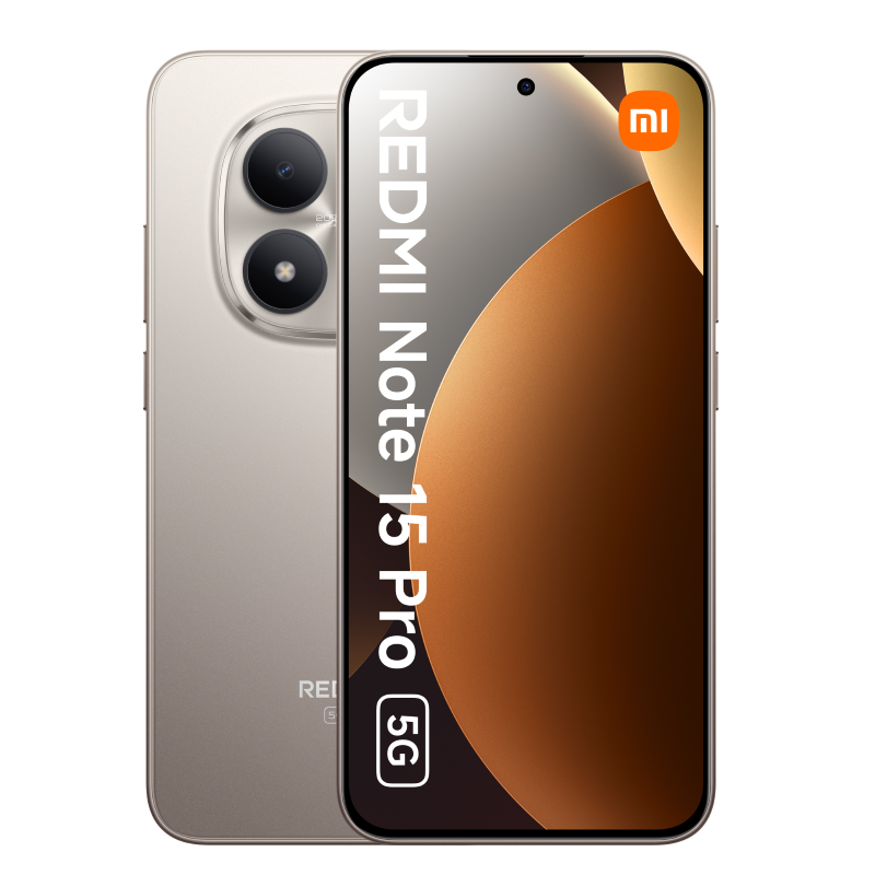 Smartfon Redmi Note 15 Pro 5G. Telefon jest w kolorze jasnobrązowym z czarnym tłem. Ekran wyświetla logo Xiaomi.