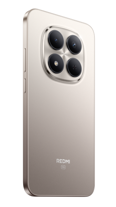 Złoty smartfon z tyłem z czterema aparatami, logo Redmi i 5G. Telefon jest pod kątem, na czarnym tle.