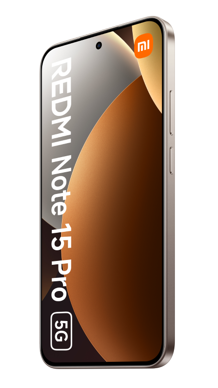 Widoczny jest smartfon Redmi Note 15 Pro 5G. Ma złoty ekran z logo Xiaomi. Telefon jest na czarnym tle.