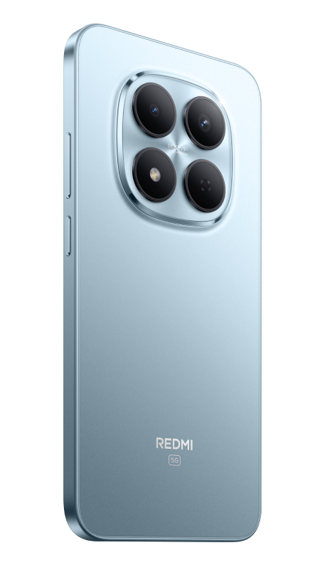 Jasnoniebieski telefon Redmi 5G. Poczwórny aparat z tyłu. Srebrne obramowanie wokół aparatów i boków.