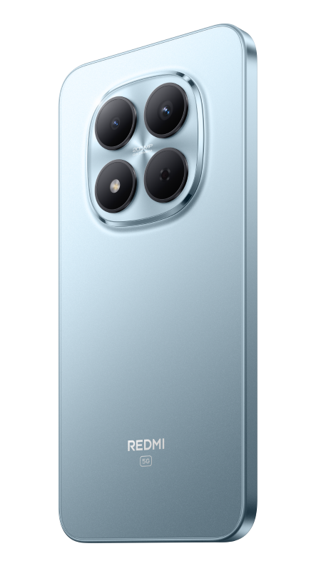 Jasnoniebieski smartfon Redmi 5G. Posiada aparat z czterema obiektywami. Widoczne logo Redmi i tekst 5G.