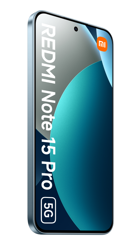 Smartfon Redmi Note 15 Pro 5G. Ekran wyświetla turkusowo-szare tło z nazwą marki w kolorze białym.