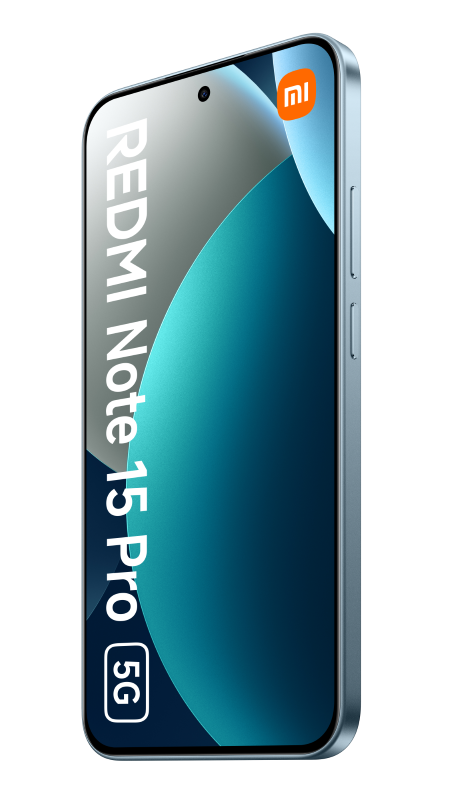 Smartfon Redmi Note 15 Pro 5G na czarnym tle. Ekran wyświetla niebieski gradient. Widoczne logo Xiaomi.