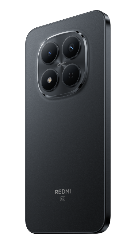 Ciemnoszary smartfon z czterema tylnymi aparatami jest ustawiony pod kątem. Telefon ma logo Redmi i tekst 5G z tyłu.