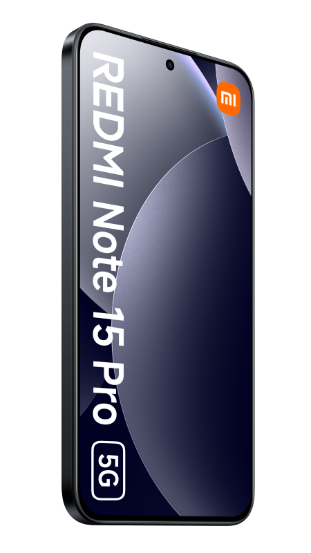 Wyświetlany jest smartfon Redmi Note 15 Pro 5G, pokazujący ekran z gradientowym designem i logo Mi. Tło jest czarne.