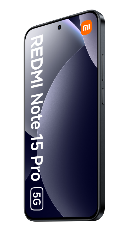 Wyświetlany jest smartfon Redmi Note 15 Pro 5G, pokazujący ciemnoniebieski ekran z logo Xiaomi. Telefon jest czarny i pod kątem.