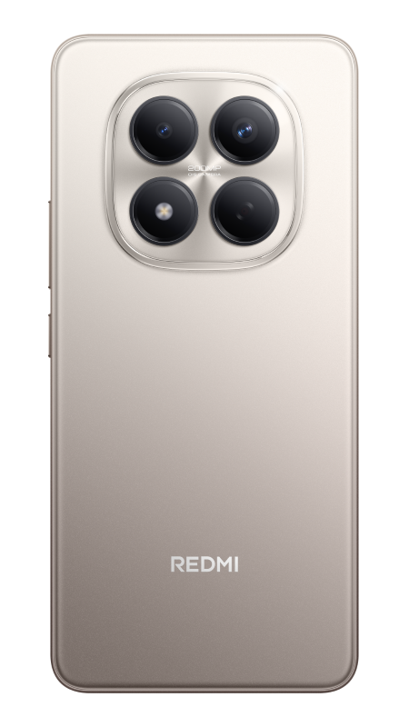 Tył beżowego telefonu Redmi. Ma cztery czarne obiektywy aparatu, a nazwa marki REDMI jest wydrukowana na dole.