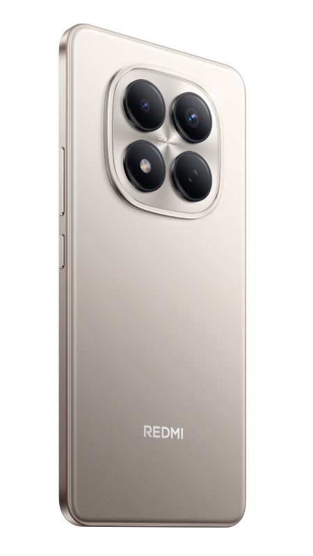 Beżowy smartfon z czterema aparatami pokazany od tyłu. Nazwa marki REDMI widoczna na dole.