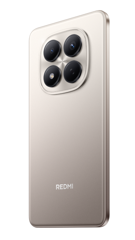 Złoty tył smartfona z poczwórnym aparatem, logo REDMI i zaokrąglonymi rogami, odizolowany na czarnym tle.