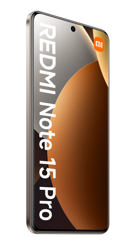 Telefon Redmi Note 15 Pro na czarnym tle. Telefon jest w kolorze brązu, z nazwą marki na ekranie.