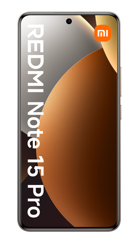 Ekran smartfona wyświetla 'REDMI Note 15 Pro'. Tło ma brązowo-złoty gradient. Logo Xiaomi w prawym górnym rogu.