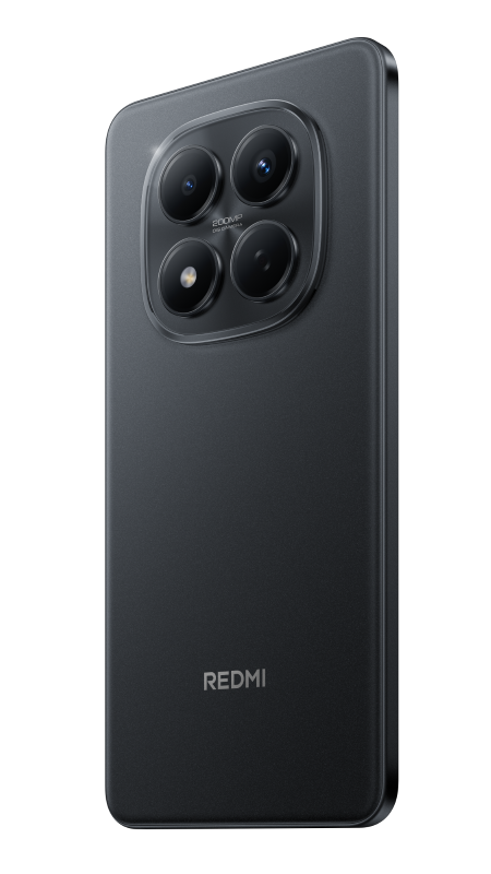 Czarny smartfon z czterema obiektywami aparatu na czarnym tle. Widoczna nazwa marki 'REDMI'.