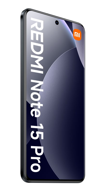 Telefon Redmi Note 15 Pro jest wyświetlany pod kątem. Ekran pokazuje ciemne tło z białym tekstem.