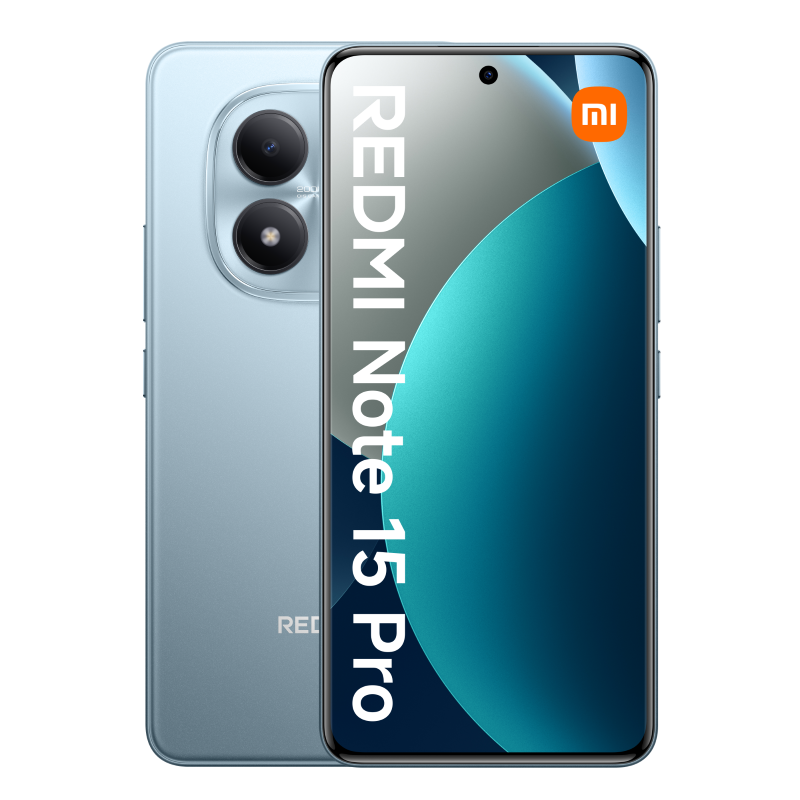 Jasnoniebieski telefon Redmi Note 15 Pro, widok z przodu i z tyłu. Ekran wyświetla niebiesko-biały design, logo Xiaomi.