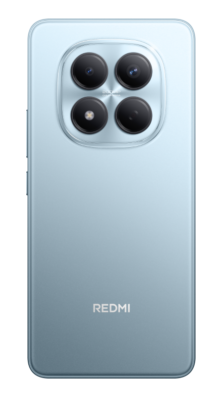 Tył jasnoniebieskiego smartfona z czterema obiektywami. Logo Redmi znajduje się na dole.