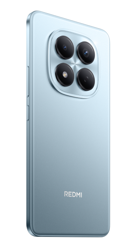 Jasnoniebieski telefon Redmi z czterema tylnymi aparatami i nazwą marki. Telefon jest ustawiony pod kątem, pokazując bok i tył.