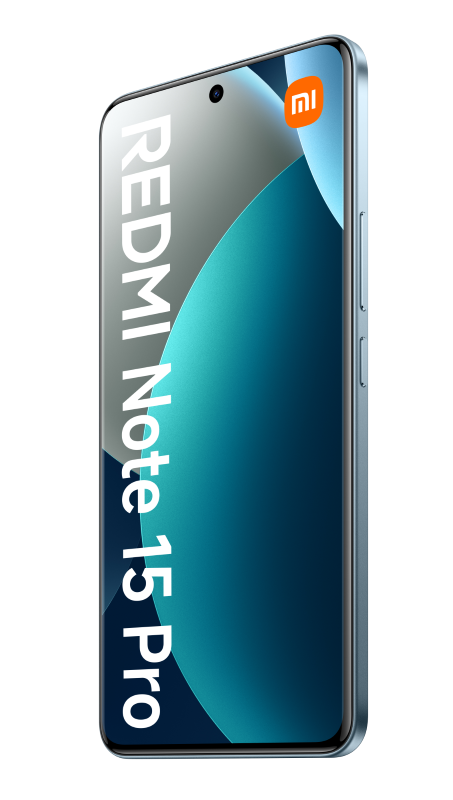Telefon Redmi Note 15 Pro jest wyświetlany pod kątem. Ekran pokazuje niebieski wzór. Widoczne jest logo Xiaomi.