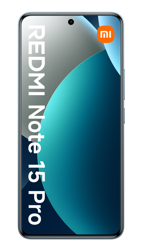 Smartfon z ekranem przedstawiającym turkusowy wzór fal. Telefon ma napis 'REDMI Note 15 Pro' i logo Mi.