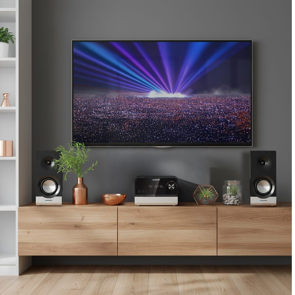 Salon z telewizorem pokazującym koncert. Głośniki, zestaw stereo i dekoracje na drewnianej szafce. Szara ściana i białe półki.