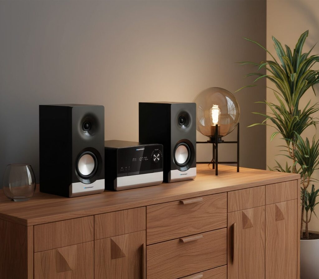 Drewniana szafka z systemem stereo. Dwa czarne głośniki flankują odbiornik. Lampa i roślina również znajdują się na szafce.