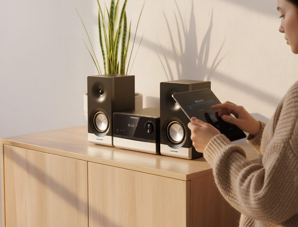 Kobieta używa tabletu do sterowania muzyką w systemie stereo. Widoczne są również głośniki, roślina i drewniana szafka.