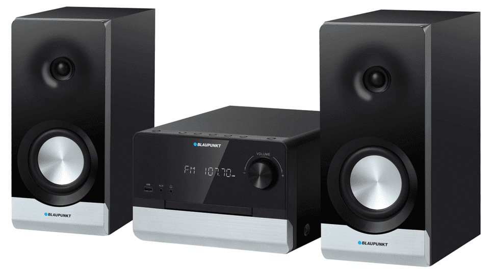 Czarny system stereo Blaupunkt z dwoma głośnikami i jednostką centralną wyświetlającą częstotliwość radia FM.