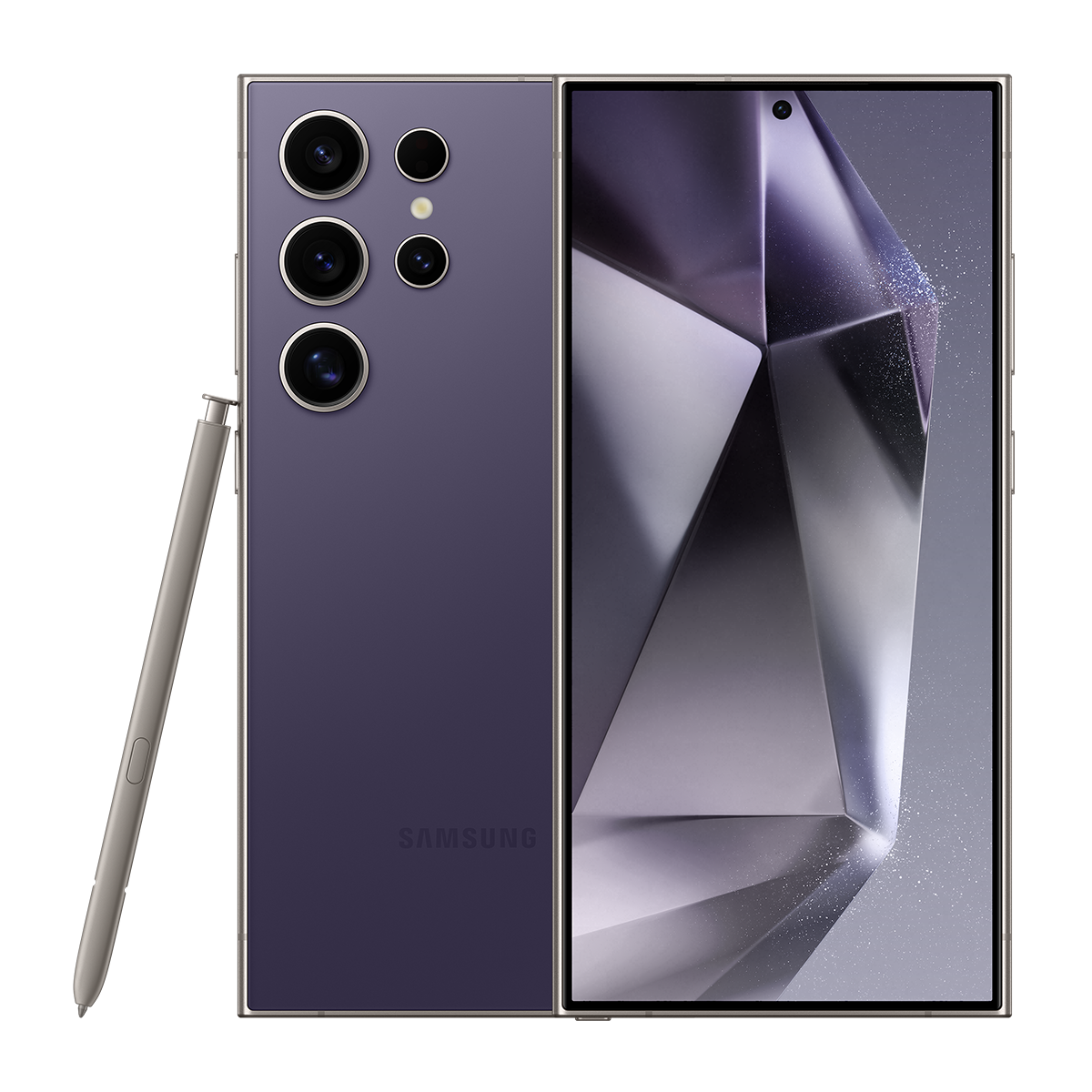 Mor renkli bir Samsung akıllı telefon, birden fazla arka kameraya ve geometrik tasarımlı bir ekrana sahip bir kalemle.