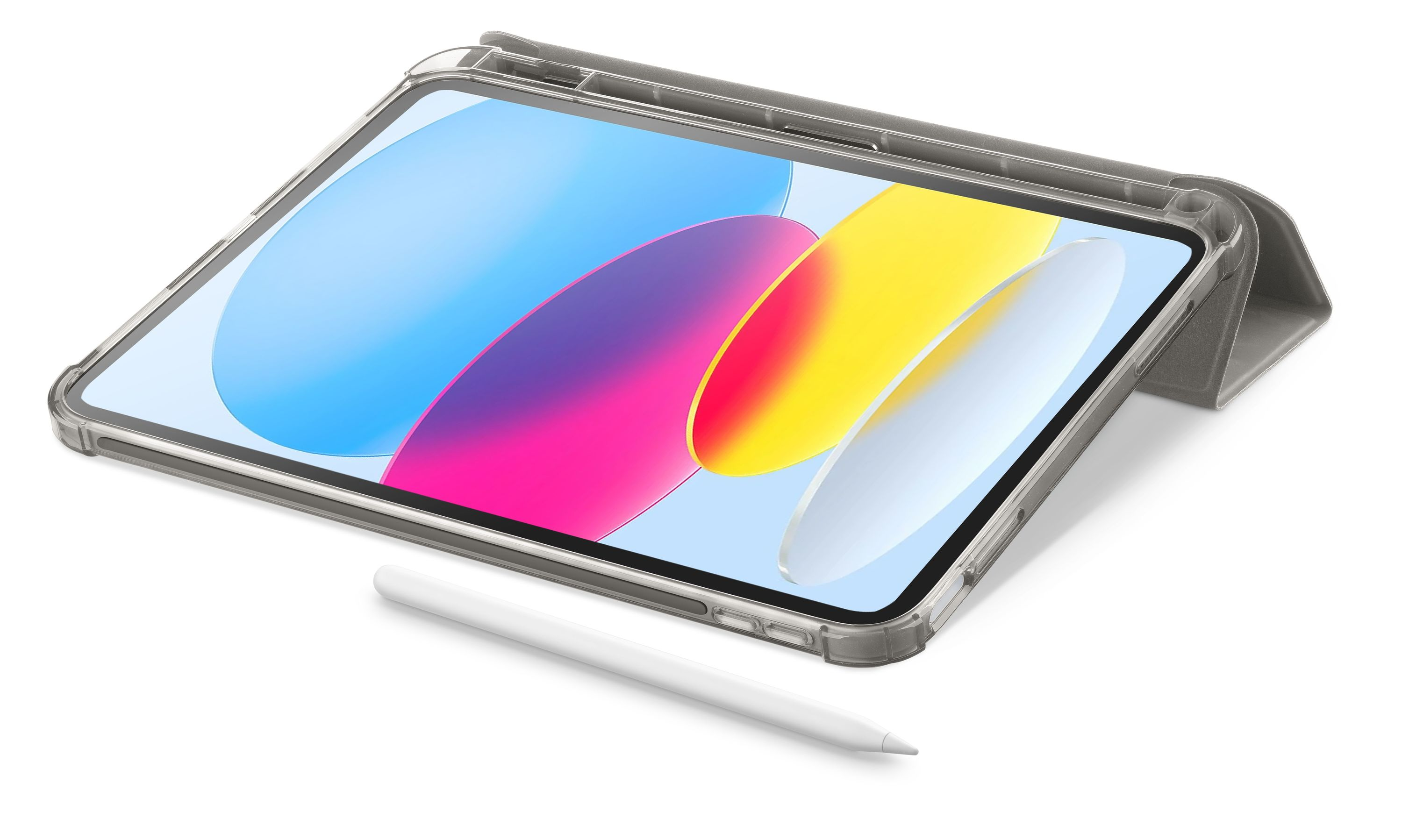 Kılıf içinde tablet ve kalem. Ekran renkli soyut şekiller gösteriyor. Kılıf açılı, beyaz bir arka plan ile.