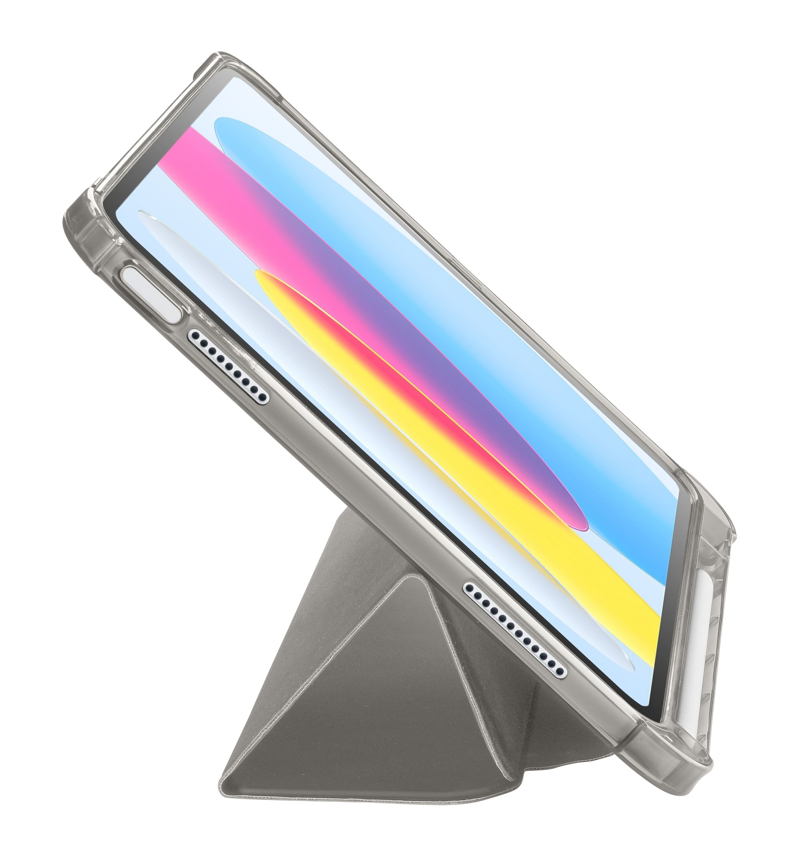 Şeffaf kılıf içinde tablet, gri bir stand üzerinde. Ekran renkli soyut sanat gösteriyor.