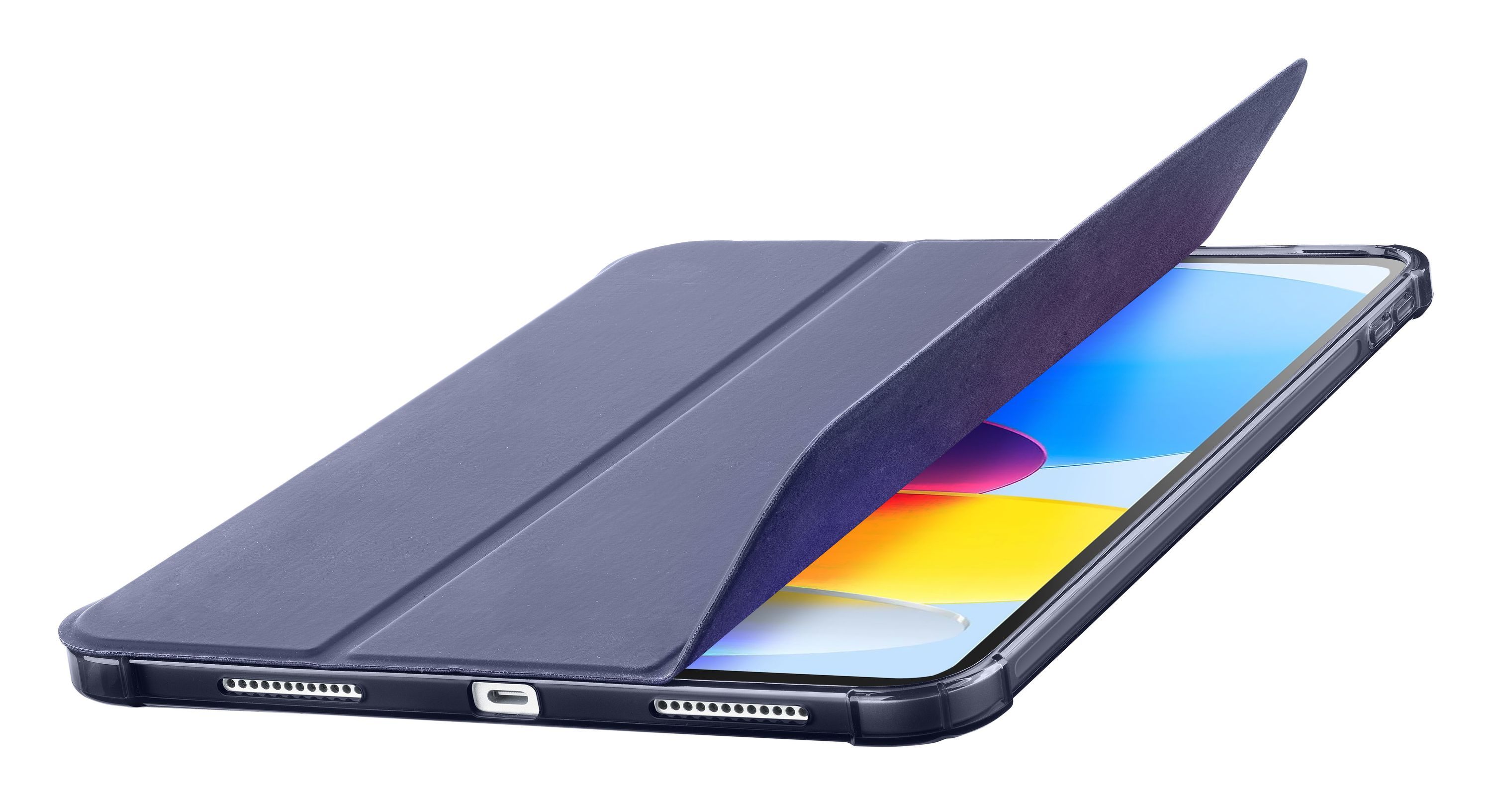 Mavi kılıfı kısmen açık olan, ekranı gösteren tablet. Arka plan beyaz.