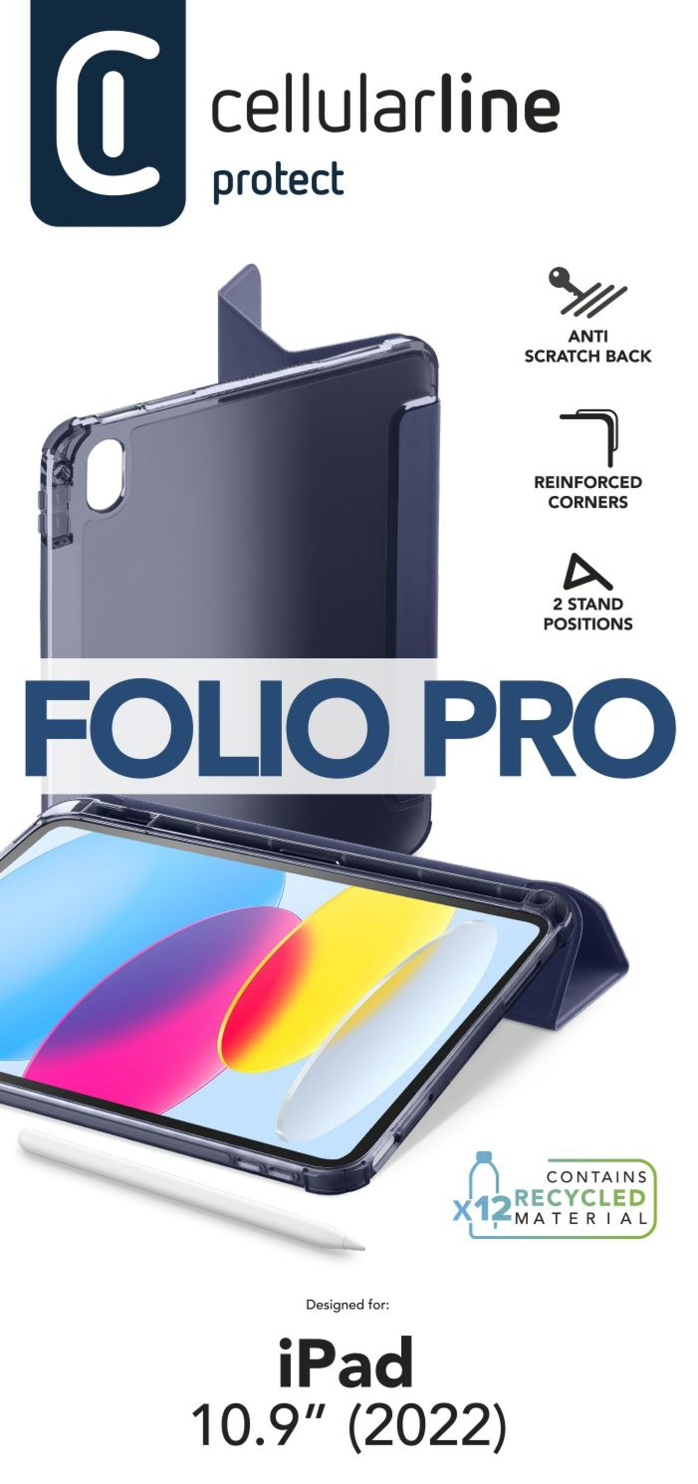 Cellularline Folio Pro iPad 10.9" kılıfı. Çizilmez arka, güçlendirilmiş köşeler ve 2 konumlu stand. Geri dönüştürülmüş malzeme içerir.