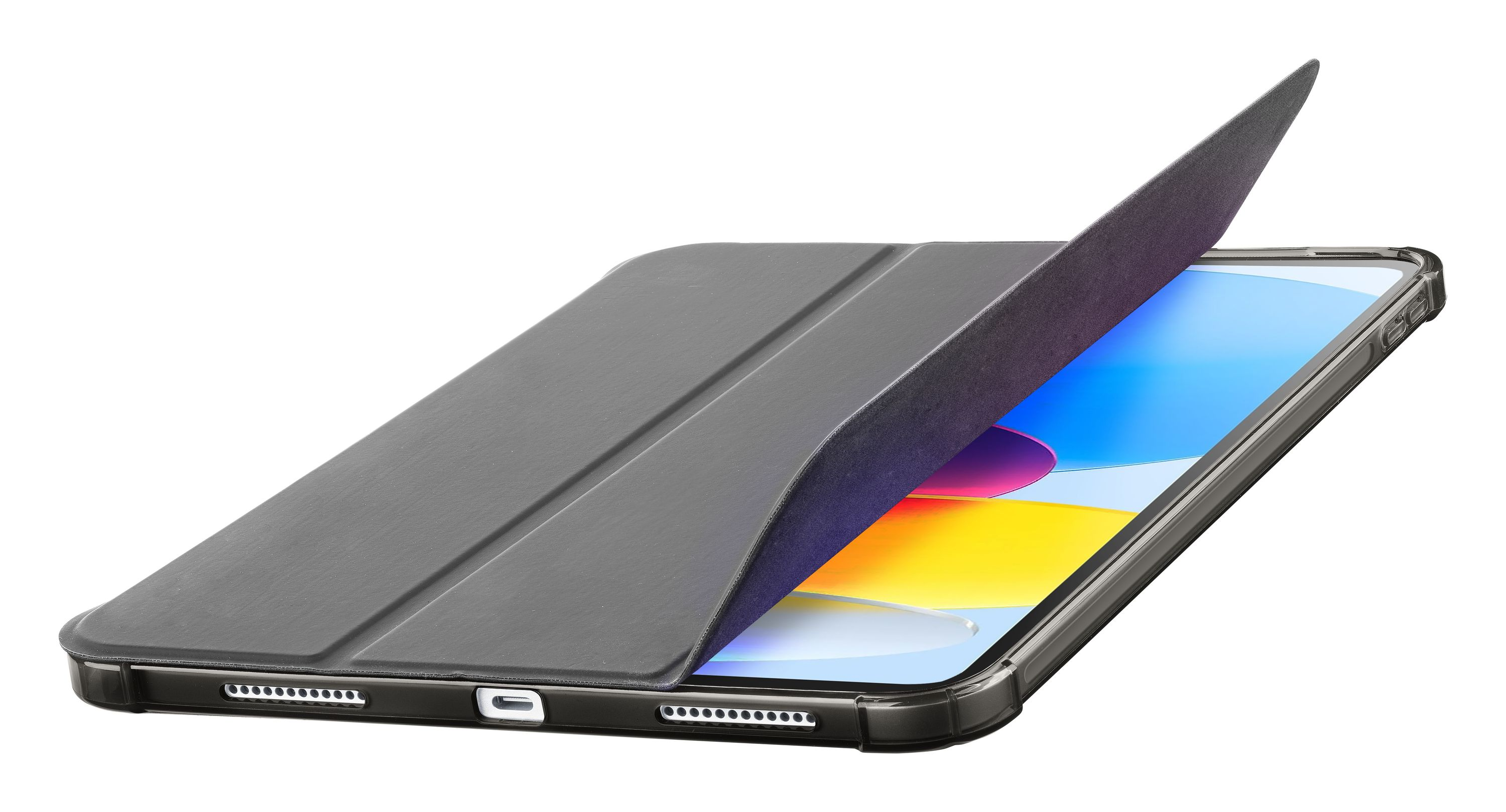 Gri kılıf içinde, kısmen açık tablet. Ekran mavi, sarı ve pembe renkleri gösteriyor. Arka plan beyaz.