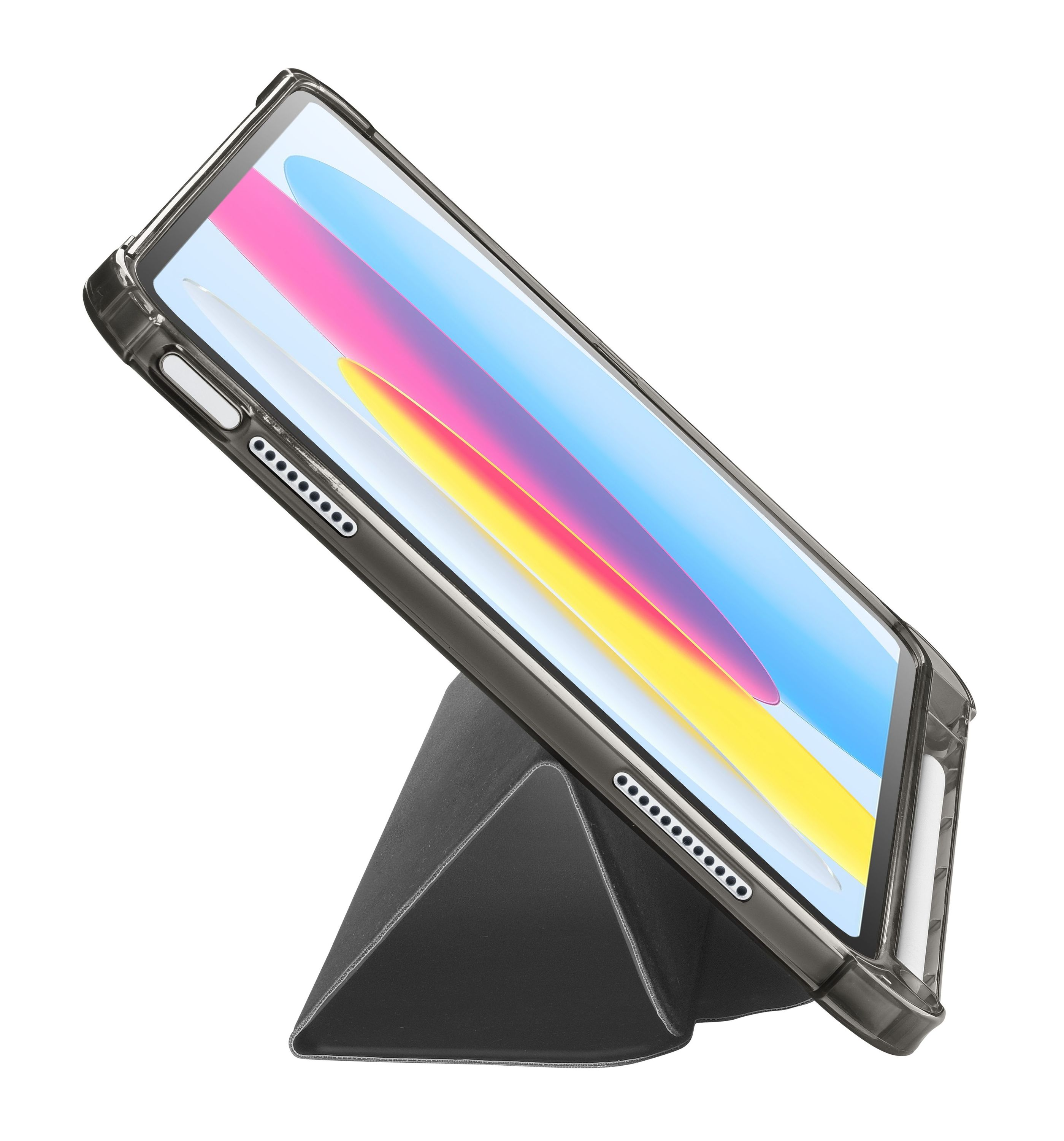 Siyah stand üzerinde, eğik durumda, kılıflı tablet. Ekran renkli geçiş gösteriyor. Beyaz zemin.