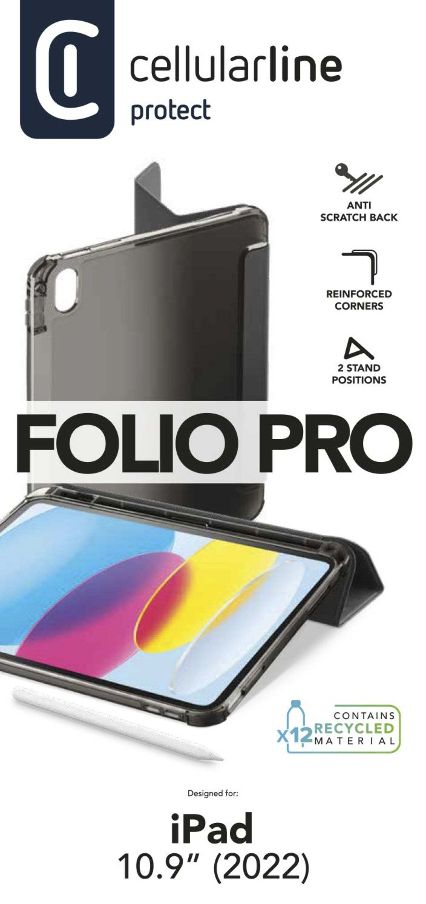 iPad 10,9" için Cellularline Folio Pro kılıfı. Çizilmez arka, güçlendirilmiş köşeler ve 2 konum özelliği.