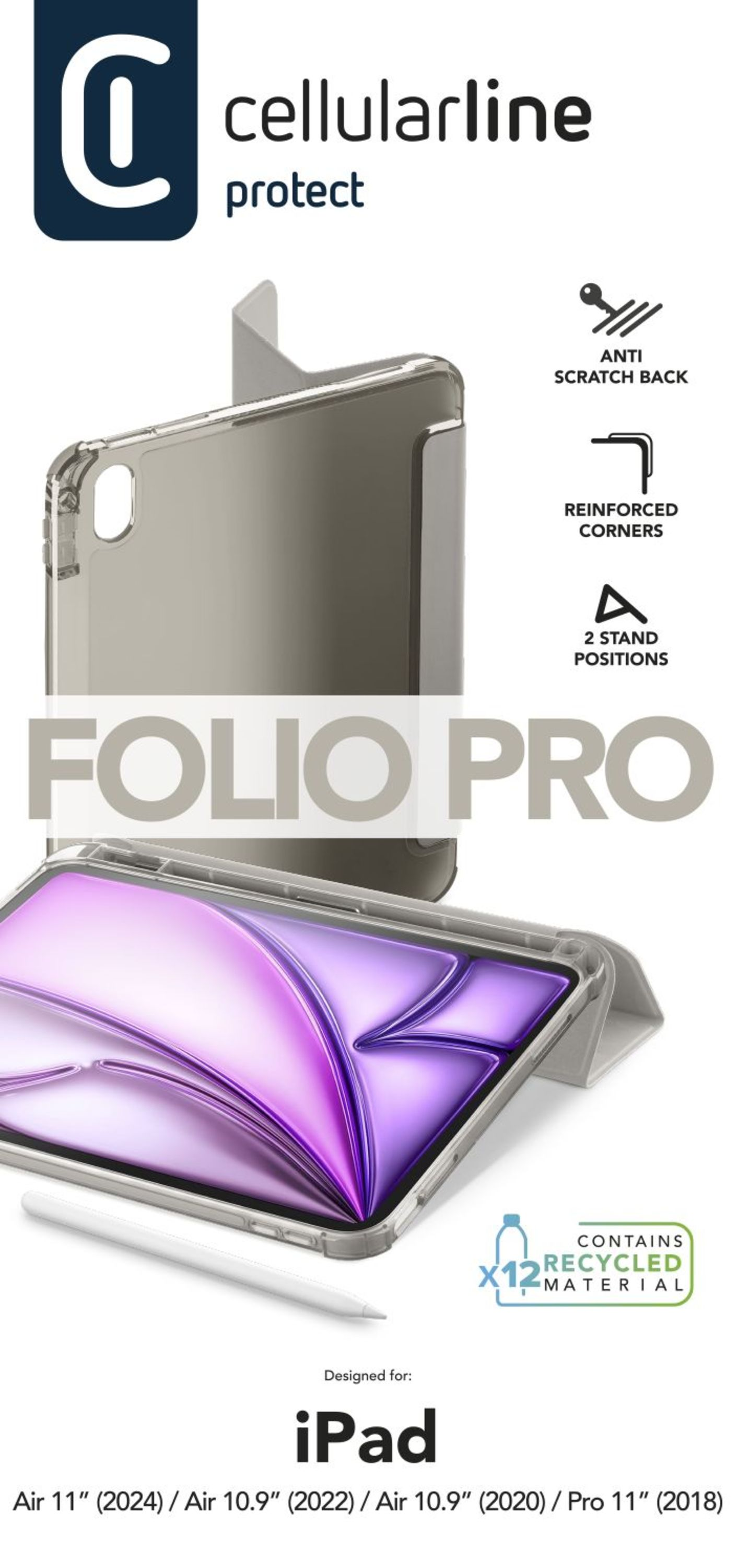 Cellularline Folio Pro iPad kılıfı. İçinde iPad, kalem ve çizilmeye karşı dayanıklılık ve konum simgeleri bulunan gri kılıf.