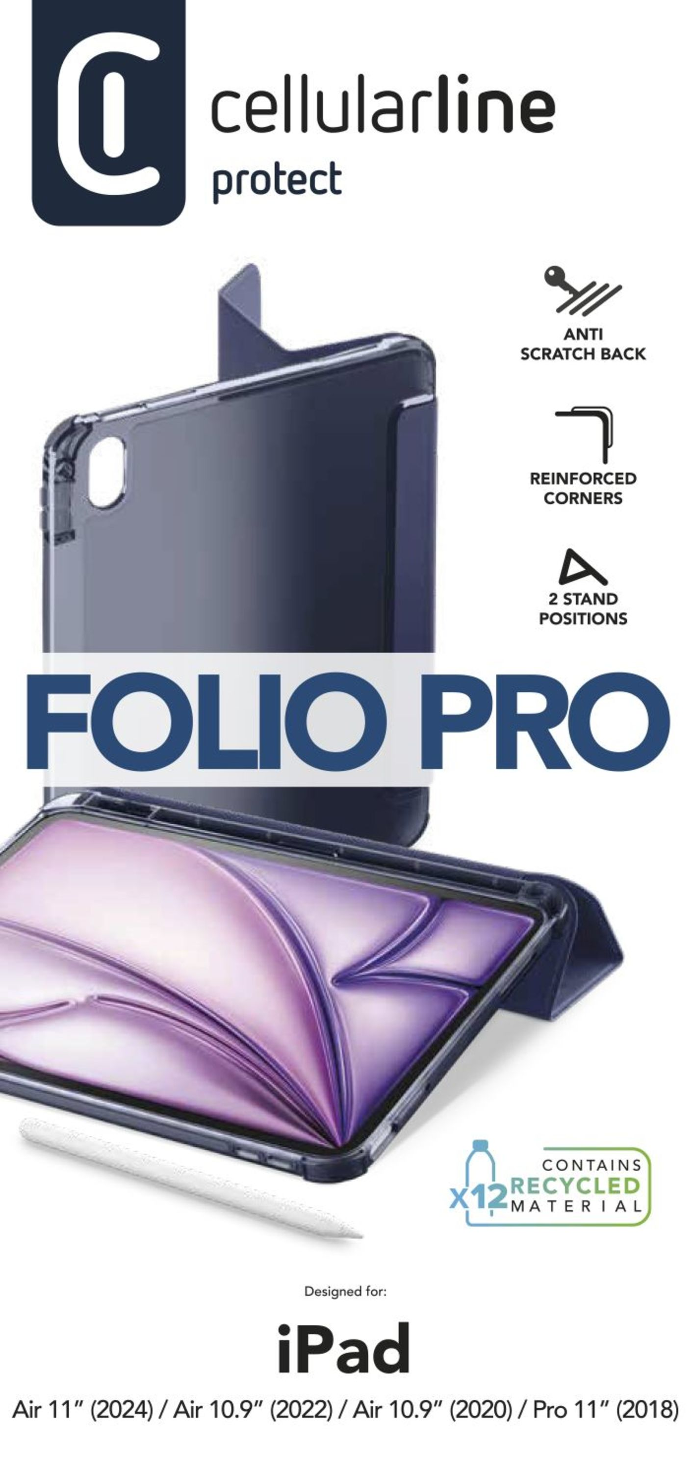 'FOLIO PRO' yazılı tablet kılıfı. Çizilmez, güçlendirilmiş köşeler ve 2 stand pozisyonu özelliklerine sahip. iPad için tasarlandı.