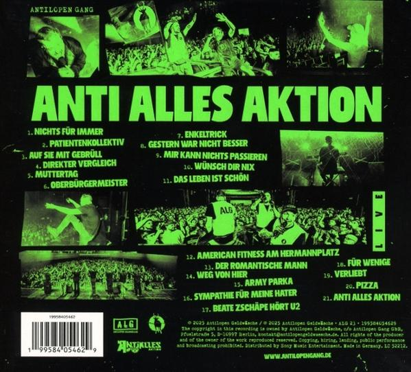 Albumcover mit grünem Text: Anti Alles Aktion. Enthält Bandmitglieder und Songtitel. Der Hintergrund ist schwarz.