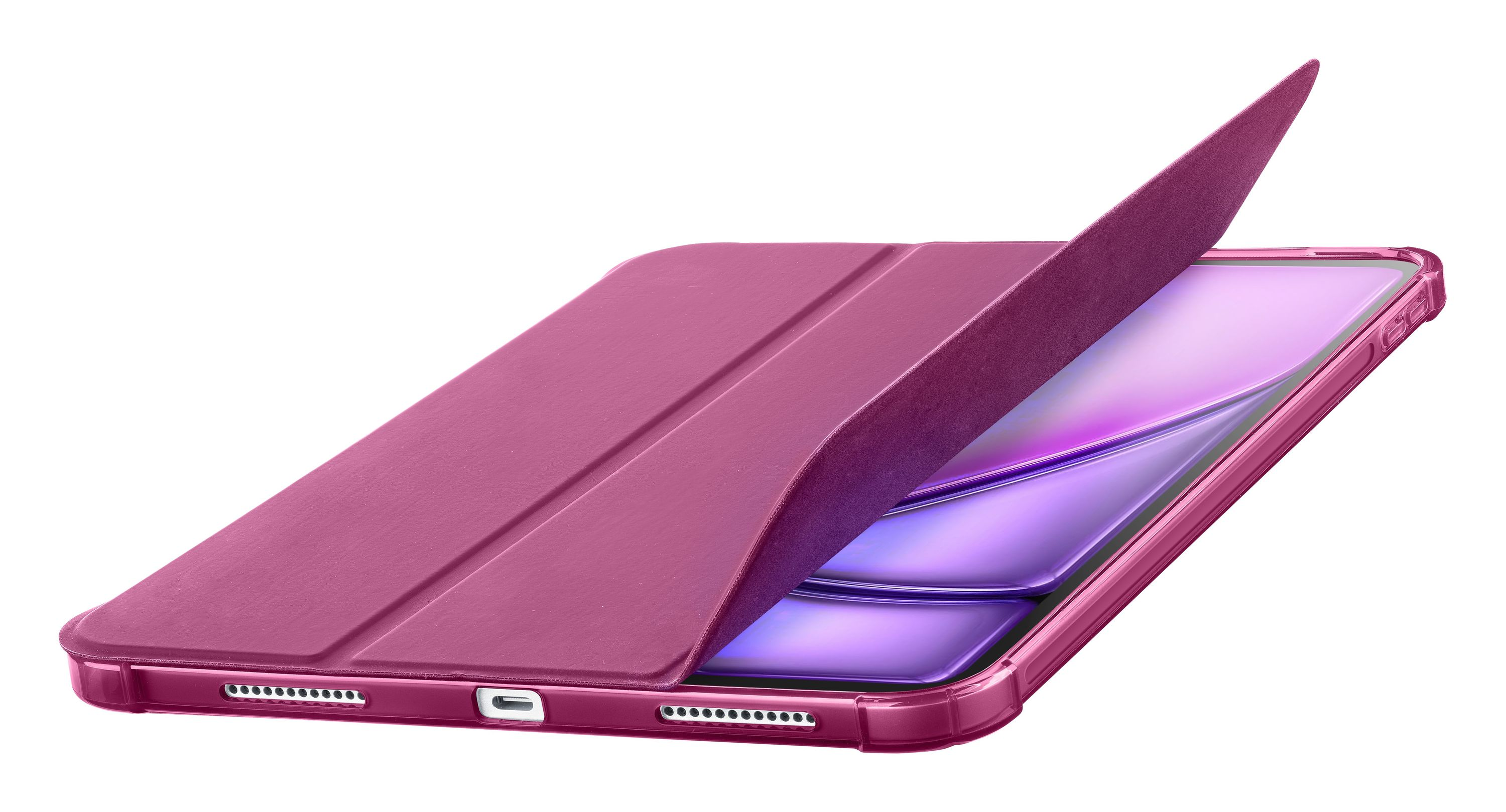 Pembe bir tablet kılıfı kısmen açık. Ekran görünür. Kılıf, eflatun rengindedir. Arka plan beyazdır.
