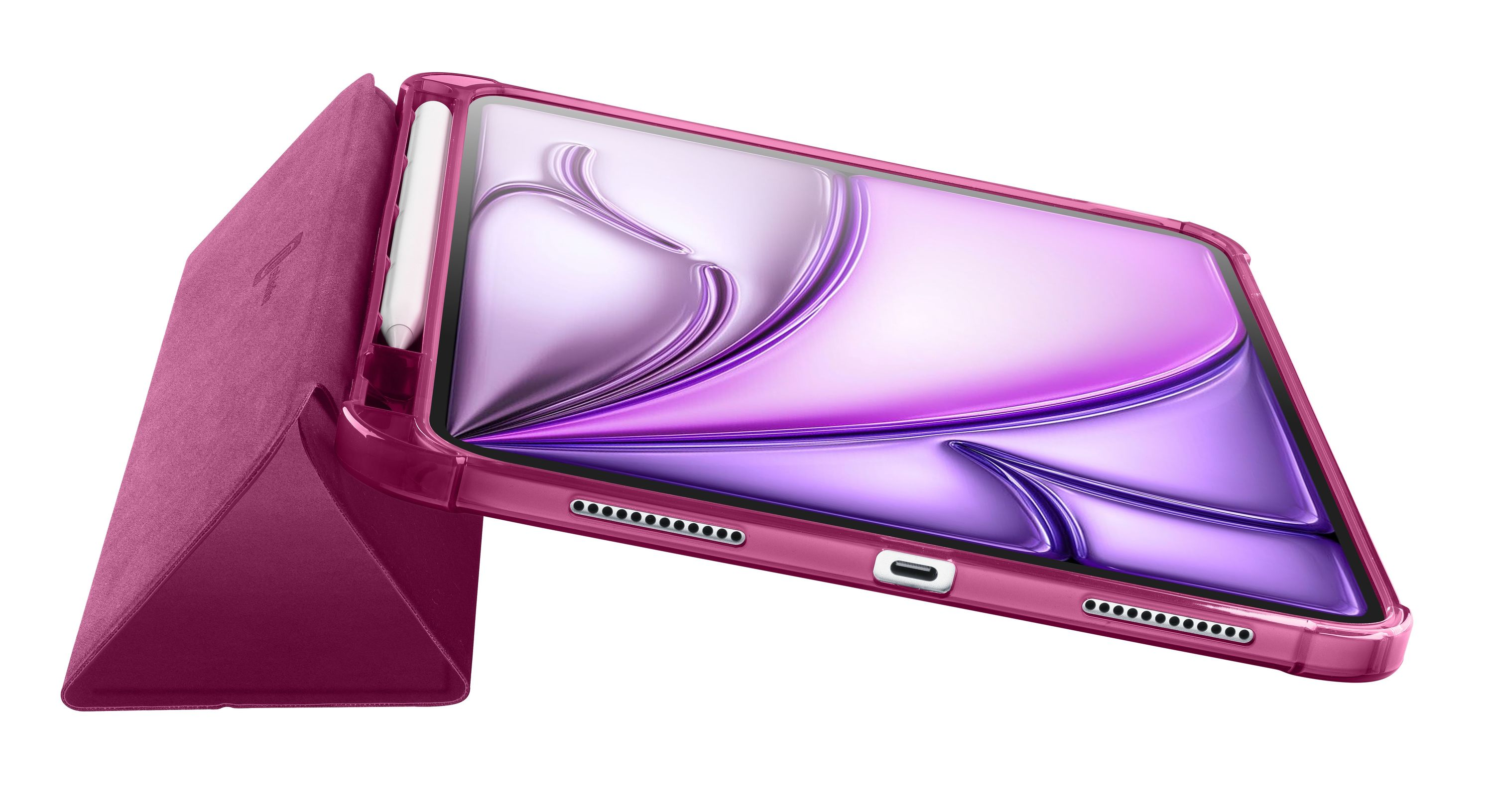 Pembe bir tablet, kılıf ve kalem ile beyaz bir arka plan üzerinde açılı olarak görüntüleniyor.