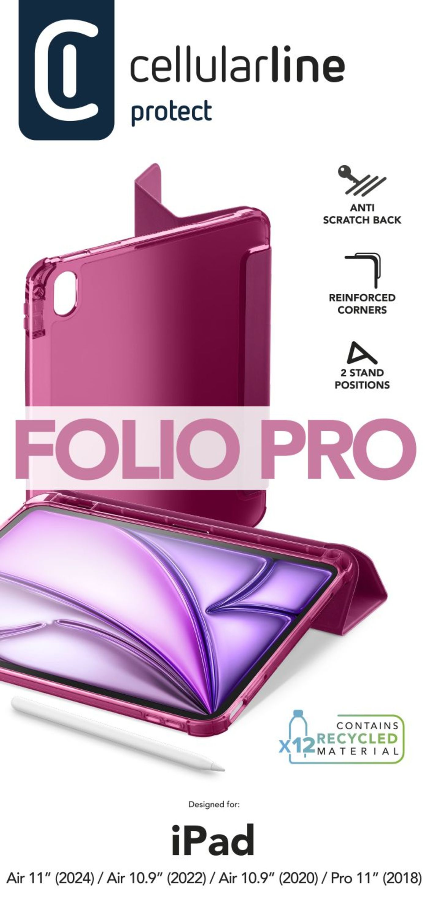 Pembe iPad kılıfı ve kalem. Kılıf açık, içini gösteriyor. Metin: Folio Pro, cellularline protect, çizilmez sırt.