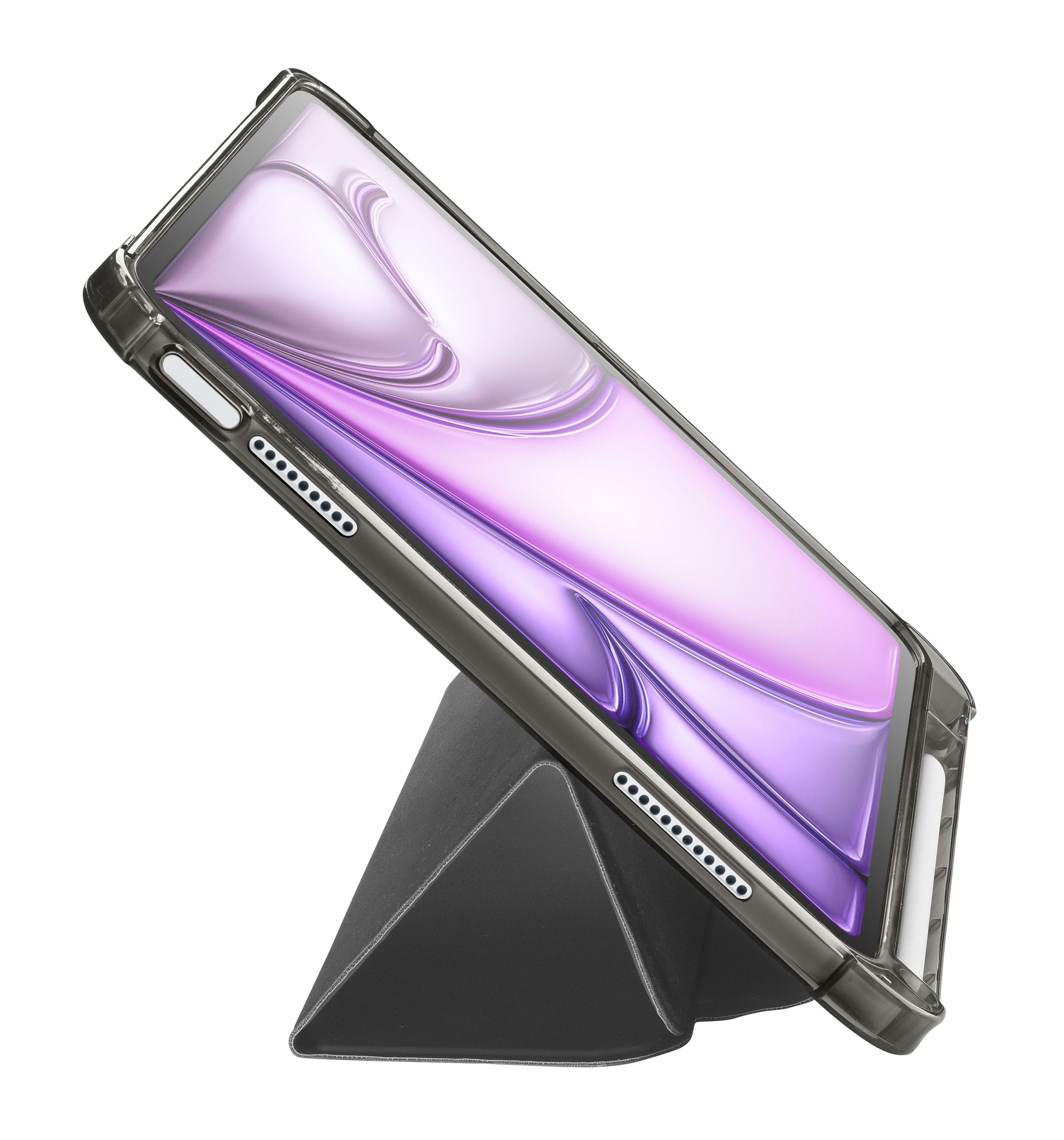 Şeffaf kılıflı tablet siyah bir stand üzerinde. Ekran, mor tonları görüntülüyor, eğik. Beyaz arka plan.