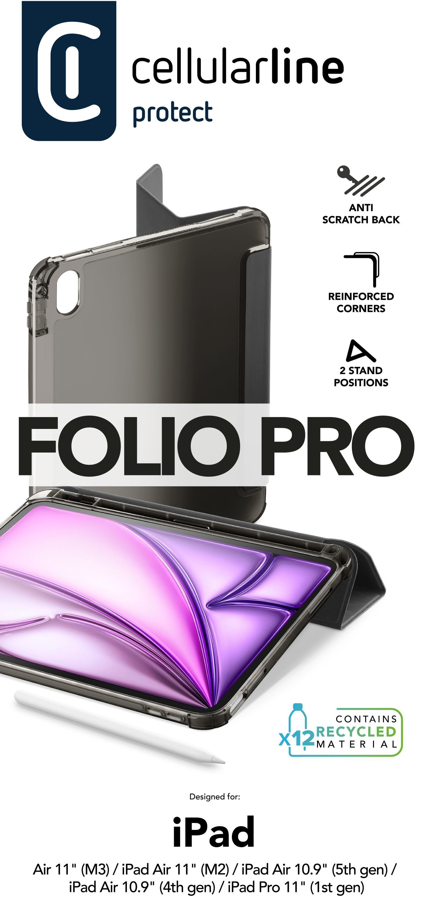iPad için Cellularline Folio Pro kılıfı. Çizilmez arka, güçlendirilmiş köşeler ve 2 konum özelliği. Geri dönüştürülmüş malzeme içerir.