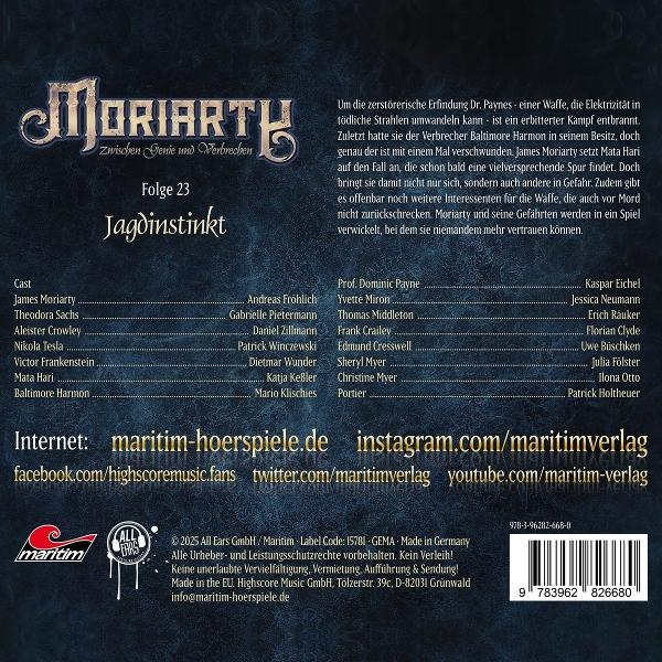 Poster für ein Hörspiel 'Moriarty'. Titel, Episodennummer, Besetzung und Website-Links sind sichtbar.